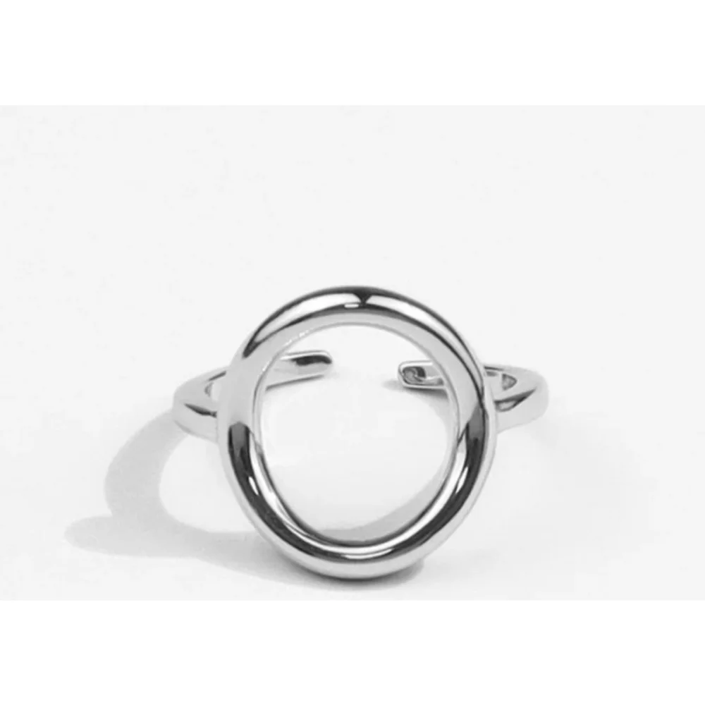 Unisex Geometric Open Circle‎ Karma Ring, White Gold Plated S925, Adjustable